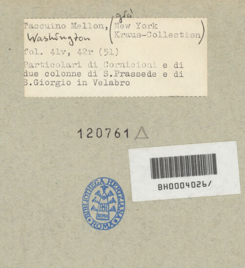 Rückseite von Mellon? [https://www.deutsche-digitale-bibliothek.de/content/lizenzen/rv-ez/] Codex Mellon (Sketchbook of Menicantonio)Details diverser Gebälke und Details antiker Basen aus Santa Prassede und San Giorgio in Velabro - , bh120761_recto. Foto.