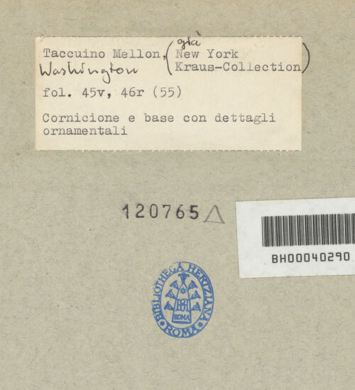 Rückseite von Mellon? [https://www.deutsche-digitale-bibliothek.de/content/lizenzen/rv-ez/] Codex Mellon (Sketchbook of Menicantonio)Verso: Gebälke und Basen mit Details der Ornamentik; Recto: leer - , bh120765_recto. Foto.