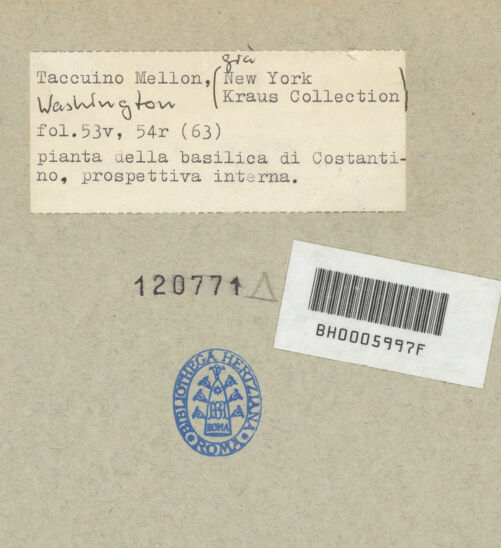 Rückseite von Mellon? [https://www.deutsche-digitale-bibliothek.de/content/lizenzen/rv-ez/] Codex Mellon (Sketchbook of Menicantonio)Grundriss der Konstantinsbasilika und Aufriss des Innenraums der Konstantinsbasilika - , bh120771_recto. Foto.