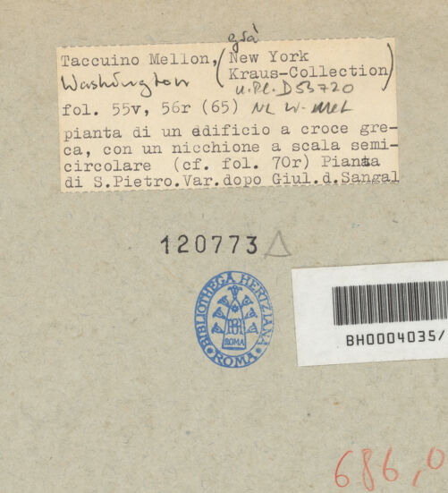 Rückseite von Mellon? [https://www.deutsche-digitale-bibliothek.de/content/lizenzen/rv-ez/] Codex Mellon (Sketchbook of Menicantonio)Rom, Sankt Peter, Grundrisse nach Antonio da Sangallo - , bh120773_recto. Foto.