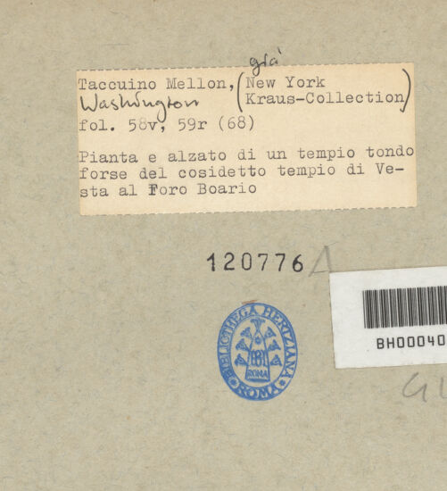 Rückseite von Mellon? [https://www.deutsche-digitale-bibliothek.de/content/lizenzen/rv-ez/] Codex Mellon (Sketchbook of Menicantonio)Grundriss des Vesta-Tempels und Aufriss und Schnitt des Vestatempels - , bh120776_recto. Foto.