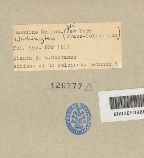 Rückseite von Mellon? [https://www.deutsche-digitale-bibliothek.de/content/lizenzen/rv-ez/] Codex Mellon (Sketchbook of Menicantonio)Grundriss der Kirche Santa Costanza und Skizze einer runden Kolonnade ? - , bh120777_recto. Foto.