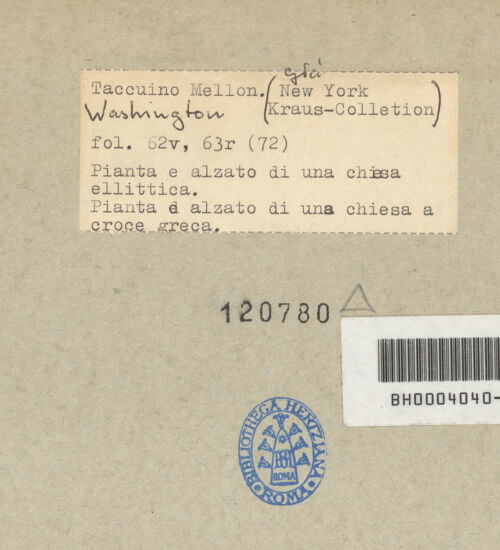 Rückseite von Mellon? [https://www.deutsche-digitale-bibliothek.de/content/lizenzen/rv-ez/] Codex Mellon (Sketchbook of Menicantonio)Grundriss und Aufriss einer elliptischen Kirche und Grundriss und Aufriss des Minervatempels - , bh120780_recto. Foto.