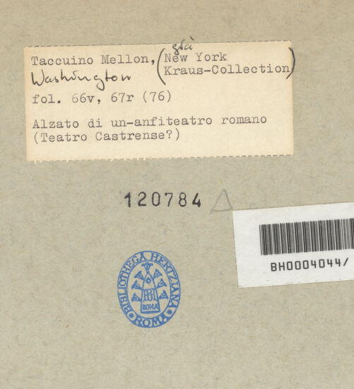 Rückseite von Mellon? [https://www.deutsche-digitale-bibliothek.de/content/lizenzen/rv-ez/] Codex Mellon (Sketchbook of Menicantonio)Recto: Aufriss des Amphitheatrum Castrense - , bh120784_recto. Foto.