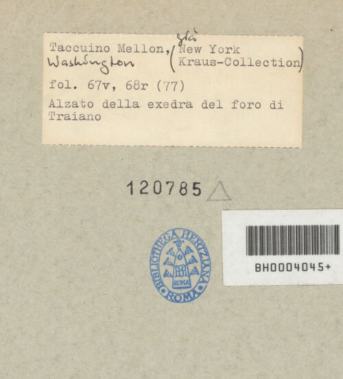 Rückseite von Mellon? [https://www.deutsche-digitale-bibliothek.de/content/lizenzen/rv-ez/] Codex Mellon (Sketchbook of Menicantonio)Aufriss (Detail) der östlichen Exedra auf dem Trajansforum und Aufriss der östlichen Exedra auf dem Trajansforum - , bh120785_recto. Foto.