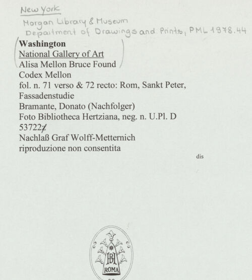 Rückseite von unbekannt [https://www.deutsche-digitale-bibliothek.de/content/lizenzen/rv-ez/] Codex Mellon (Sketchbook of Menicantonio)Rom, Sankt Peter (Fassadenprojekt und Schnitt durch die Vierungskuppel; Schnitt durch den westlichen Chorarm und seinen Umgang) - , bh120789_recto. Foto.