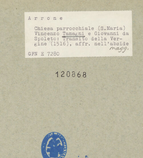 Rückseite von ICCD [https://www.deutsche-digitale-bibliothek.de/content/lizenzen/rv-ez/] Szenen aus dem Leben der Maria und HeiligeMarientod - Untere Hälfte: Versammlung der Apostel an Marias Sterbebett, bh120868_recto. Foto.