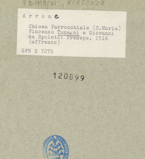 Rückseite von ICCD [https://www.deutsche-digitale-bibliothek.de/content/lizenzen/rv-ez/] Szenen aus dem Leben der Maria und HeiligeAnbetung der Hirten - Detail: Anbetung durch Maria und Joseph, bh120899_recto. Foto.