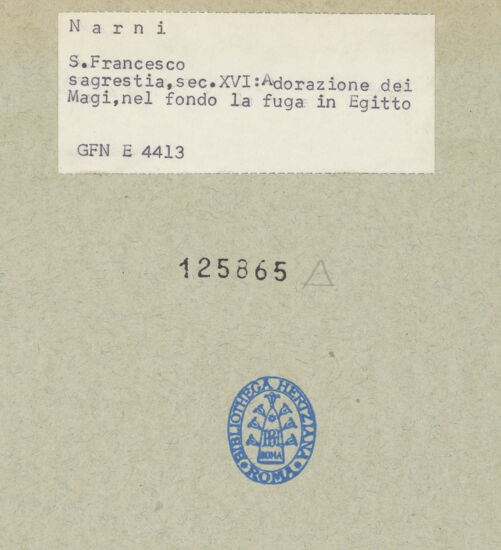 Rückseite von ICCD [https://www.deutsche-digitale-bibliothek.de/content/lizenzen/rv-ez/] Szenen aus dem Leben des Heiligen Joseph und der Kindheit JesuDie Anbetung durch die Heiligen Drei Könige, im Hintergrund Flucht nach Ägypten - , bh125865_recto. Foto.