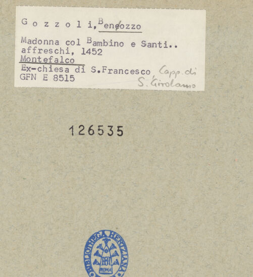 Rückseite von ICCD [https://www.deutsche-digitale-bibliothek.de/content/lizenzen/rv-ez/] Kapellenausmalung: Geschichte des heiligen Hieronymus und Heilige - Altarwand (Südwand), bh126535_recto. Foto.