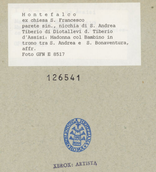 Rückseite von ICCD [https://www.deutsche-digitale-bibliothek.de/content/lizenzen/rv-ez/] Thronende Madonna und die heiligen Andreas und Bonaventura - Gesamtansicht, bh126541_recto. Foto.