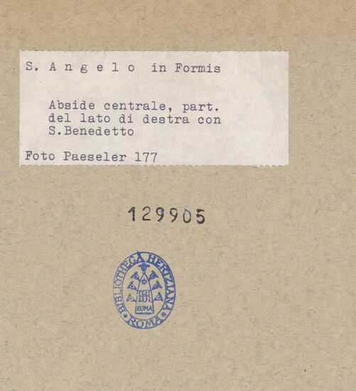 Rückseite von unbekannt [https://www.deutsche-digitale-bibliothek.de/content/lizenzen/rv-fz/] Majestas Domini mit Evangelistensymbolen, Erzengeln, Stifter und HeiligemMittleres Register: drei Erzengel zwischen dem Abt Desiderius von Montecassino und dem heiligen Benedikt von Nursia - Ausschnitt der rechten Seite mit dem Erzengel Raphael und dem heiligen Benedikt, bh129905_recto. Foto: Paeseler, Wilhelm.