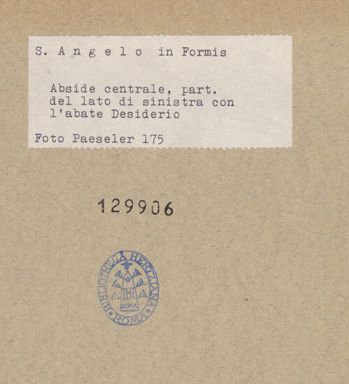 Rückseite von unbekannt [https://www.deutsche-digitale-bibliothek.de/content/lizenzen/rv-fz/] Majestas Domini mit Evangelistensymbolen, Erzengeln, Stifter und HeiligemMittleres Register: drei Erzengel zwischen dem Abt Desiderius von Montecassino und dem heiligen Benedikt von Nursia - Ausschnitt der linken Seite mit dem Stifter Desiderius von Montecasino und dem Erzengel Gabriel, bh129906_recto. Foto: Paeseler, Wilhelm.