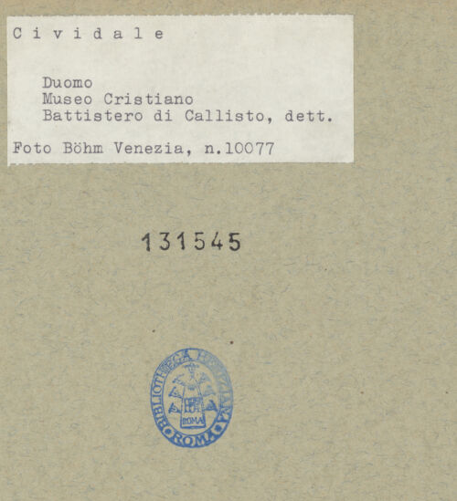 Rückseite von Böhm [https://www.deutsche-digitale-bibliothek.de/content/lizenzen/rv-ez/] Callixtus-Baptisterium (Battistero di Callisto)Bögen des Ziboriums mit Tieren, Rosetten und Blattwerk - Bogen 4 (Hirsche), bh131545_recto. Foto: Böhm, Osvaldo.