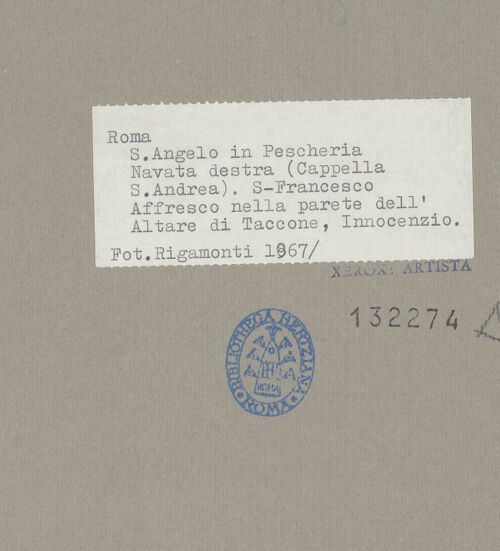 Rückseite von Bibliotheca Hertziana [https://www.deutsche-digitale-bibliothek.de/content/lizenzen/rv-fz/] Wand- und Deckenmalereien in der AndreaskapelleFresken der Altarwand: Santa Francesca Romana und Franziskus - Bildfeld links des Altars: Franziskus, bh132274_recto. Foto: Rigamonti.