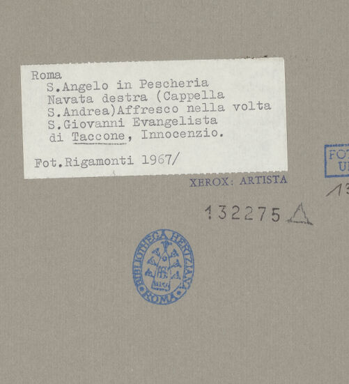 Rückseite von Bibliotheca Hertziana [https://www.deutsche-digitale-bibliothek.de/content/lizenzen/rv-fz/] Wand- und Deckenmalereien in der AndreaskapelleDeckenfresken in der Cappella di Sant'AndreaDie vier Evangelisten - Johannes, bh132275_recto. Foto: Rigamonti.