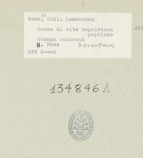 Rückseite von ICCD [https://rightsstatements.org/page/CNE/1.0/] Drei volkstümliche Szenen in Neapel (Il segretario ambulante, La Cantina, Lazzari sulla piazza di San Ferdinando)Der ambulante Schreiber - , bh134846_recto. Foto.