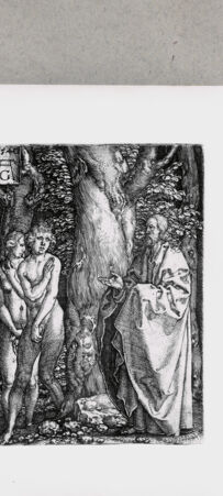 Rückseite von  [http://creativecommons.org/publicdomain/mark/1.0/] Adam und Eva mit Gottvater - , bh135012. Foto.