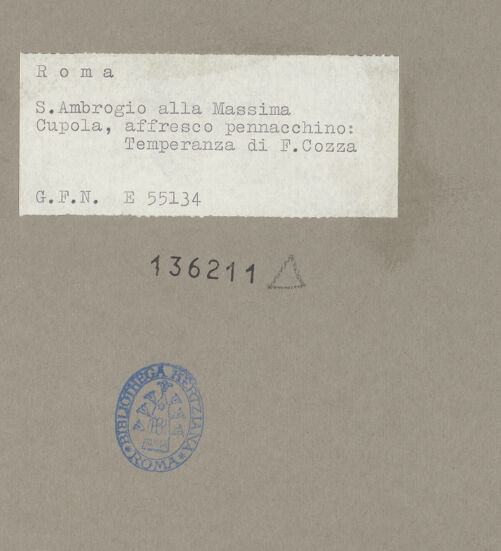 Rückseite von ICCD [https://www.deutsche-digitale-bibliothek.de/content/lizenzen/rv-ez/] Triumph der KardinaltugendenTemperantia - Ansicht mit Gebälk und Kuppelgesims, bh136211_recto. Foto.