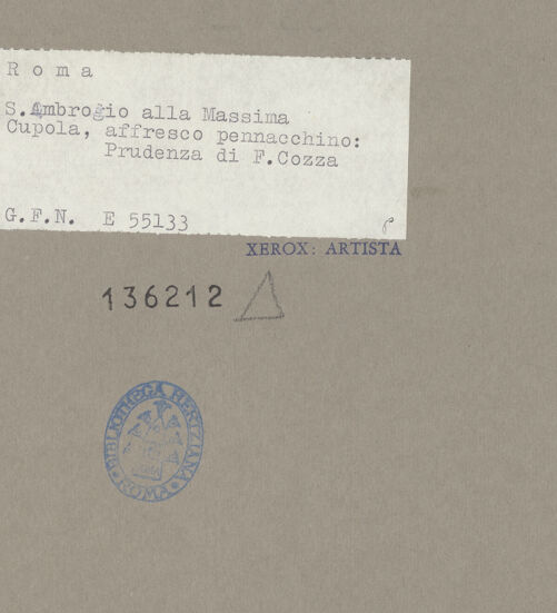 Rückseite von ICCD [https://www.deutsche-digitale-bibliothek.de/content/lizenzen/rv-ez/] Triumph der KardinaltugendenPrudentia - Ansicht mit Gebälk und Kuppelgesims, bh136212_recto. Foto.