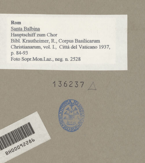 Rückseite von Sopr.Mon.Laz. [https://www.deutsche-digitale-bibliothek.de/content/lizenzen/rv-ez/] Santa Balbina - Hauptschiff zum Chor, bh136237_recto. Foto.