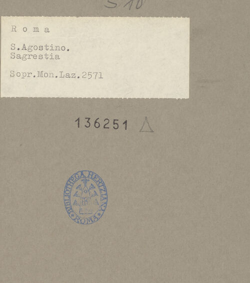 Rückseite von Sopr. Mon. Laz. [https://www.deutsche-digitale-bibliothek.de/content/lizenzen/rv-ez/] Sant'AgostinoSakristei - Blick Richtung Altarwand, bh136251_recto. Foto.