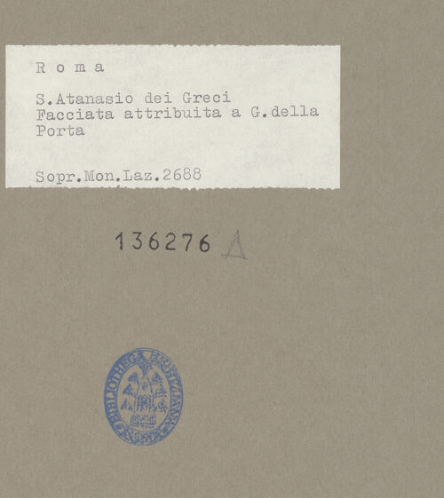 Rückseite von Soprintendenza per i Monumenti del Lazio [https://www.deutsche-digitale-bibliothek.de/content/lizenzen/rv-ez/] Sant'Atanasio dei Greci - oberer Teil der Fassade und Türme, bh136276_recto. Foto.