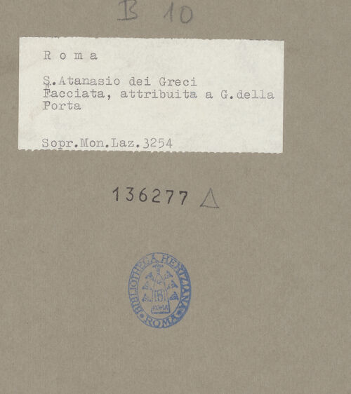 Rückseite von Soprintendenza ai Monumenti del Lazio [https://www.deutsche-digitale-bibliothek.de/content/lizenzen/rv-ez/] Sant'Atanasio dei Greci - Fassade: erstes Geschoss mit Portal, bh136277_recto. Foto.