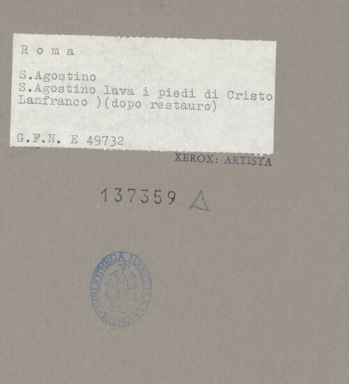 Rückseite von ICCD [https://www.deutsche-digitale-bibliothek.de/content/lizenzen/rv-ez/] Szenen aus dem Leben des heiligen AugustinusAugustinus wäscht Christus, der ihm in Gestalt eines Pilgers erschienen ist, die Füße - Gesamtansicht (nach der Restaurierung), bh137359_recto. Foto.