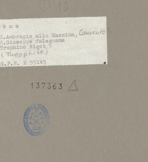 Rückseite von Sopr. BAS ROMA [https://www.deutsche-digitale-bibliothek.de/content/lizenzen/rv-ez/] Joseph mit dem Christuskind in seiner Zimmermannswerkstatt - Gesamtansicht, bh137363_recto. Foto.