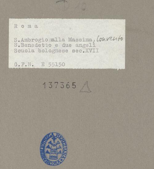 Rückseite von Sopr. BAS ROMA [https://www.deutsche-digitale-bibliothek.de/content/lizenzen/rv-ez/] Der heilige Benedikt im Gespräch mit zwei Engeln - Gesamtansicht, bh137365_recto. Foto.