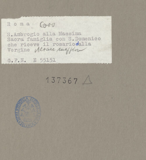 Rückseite von ICCD [https://www.deutsche-digitale-bibliothek.de/content/lizenzen/rv-ez/] Die heilige Familie und der heilige Dominikus - Gesamtansicht, bh137367_recto. Foto.