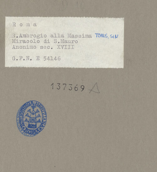 Rückseite von ICCD [https://www.deutsche-digitale-bibliothek.de/content/lizenzen/rv-ez/] Krankenheilung durch den heiligen Maurus - Gesamtansicht, bh137369_recto. Foto.