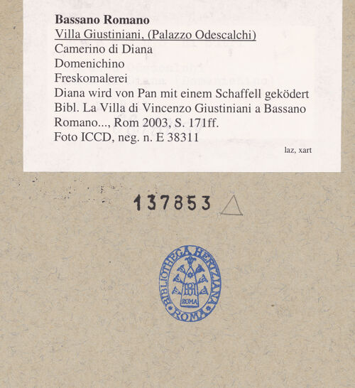 Rückseite von ICCD [https://www.deutsche-digitale-bibliothek.de/content/lizenzen/rv-ez/] Szenen aus der Geschichte der DianaDiana wird von Pan mit einem Schaffell geködert - Diana wird von Pan mit einem Schaffell geködert, bh137853_recto. Foto.