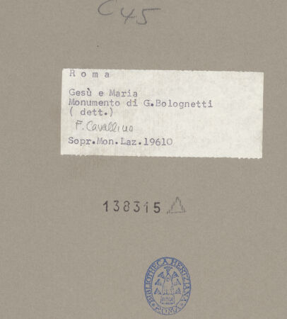 Rückseite von Sopr. Mon. Laz. [https://www.deutsche-digitale-bibliothek.de/content/lizenzen/rv-ez/] Grabmal des Bischofs Giorgio Bolognetti - Frontalansicht: Giebel und Figuren, bh138315_recto. Foto.