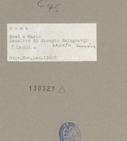 Rückseite von Sopr. Mon. Laz. [https://www.deutsche-digitale-bibliothek.de/content/lizenzen/rv-ez/] Grabmal des Bischofs Giorgio Bolognetti - Frontalansicht: Giebel und Figuren, bh138327_recto. Foto.