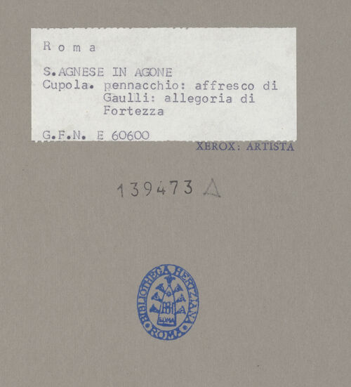 Rückseite von ICCD [https://www.deutsche-digitale-bibliothek.de/content/lizenzen/rv-ez/] Zyklus der KardinaltugendenAllegorie der Fortitudo mit Fides und Caritas - Gesamtansicht, bh139473_recto. Foto.