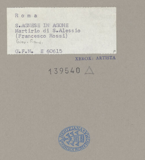 Rückseite von ICCD [https://www.deutsche-digitale-bibliothek.de/content/lizenzen/rv-ez/] Tod des heiligen Alexius, Papst Sixtus III. mit Euphemianus darstellend - Gesamtansicht, bh139540_recto. Foto.