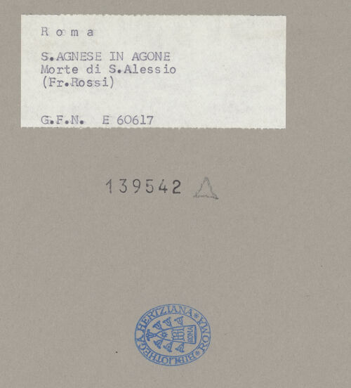 Rückseite von ICCD [https://www.deutsche-digitale-bibliothek.de/content/lizenzen/rv-ez/] Tod des heiligen Alexius, Papst Sixtus III. mit Euphemianus darstellend - Teilansicht, links, bh139542_recto. Foto.