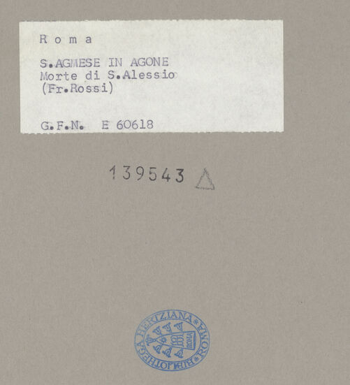 Rückseite von ICCD [https://www.deutsche-digitale-bibliothek.de/content/lizenzen/rv-ez/] Tod des heiligen Alexius, Papst Sixtus III. mit Euphemianus darstellend - Detail: Putto mit Kranz und Lilienzweig, bh139543_recto. Foto.