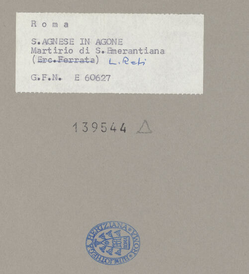 Rückseite von ICCD [https://www.deutsche-digitale-bibliothek.de/content/lizenzen/rv-ez/] Steinigung der heiligen Emerentiana als sie am Grab ihrer Halbschwester, der heiligen Agnes, predigt - Teilansicht, oben (von Reti), bh139544_recto. Foto.