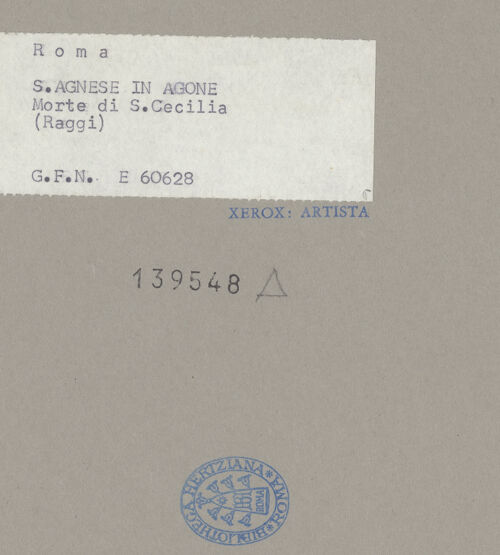 Rückseite von ICCD [https://www.deutsche-digitale-bibliothek.de/content/lizenzen/rv-ez/] Tod der heiligen Cäcilia im Beisein von Papst Paschalis I. und dem heiligen Maximus - Gesamtansicht, bh139548_recto. Foto.