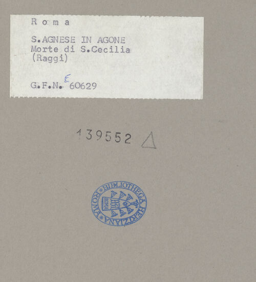 Rückseite von ICCD [https://www.deutsche-digitale-bibliothek.de/content/lizenzen/rv-ez/] Tod der heiligen Cäcilia im Beisein von Papst Paschalis I. und dem heiligen Maximus - Teilansicht, mittig: die heilige Cäcilia, bh139552_recto. Foto.