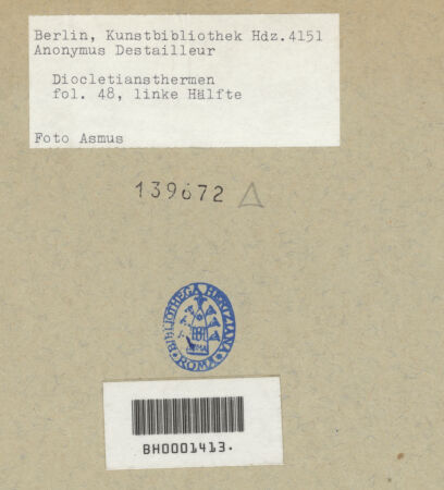 Rückseite von Kunstbibliothek [https://www.deutsche-digitale-bibliothek.de/content/lizenzen/rv-ez/] Codex Destailleur DDiocletians-Thermen: Schnitt einer Nische mit Muschelkalotte, Gesims mit Konsole und Putti und Konsolgesims - Detail der linken Seite, bh139672_recto. Foto.