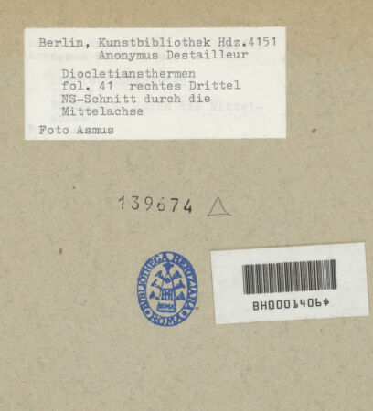 Rückseite von Kunstbibliothek [https://www.deutsche-digitale-bibliothek.de/content/lizenzen/rv-ez/] Codex Destailleur DDiocletians-Thermen: Schnitt durch die Thermenanlage mit Detailskizzen - Detail rechts, bh139674_recto. Foto.