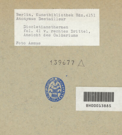 Rückseite von Kunstbibliothek [https://www.deutsche-digitale-bibliothek.de/content/lizenzen/rv-ez/] Codex Destailleur DDiocletians-Thermen: Aufriss und Schnitt durch die Thermenanlage - linkes Drittel, bh139677_recto. Foto.