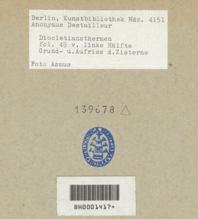 Rückseite von Kunstbibliothek [https://www.deutsche-digitale-bibliothek.de/content/lizenzen/rv-ez/] Codex Destailleur DDiocletians-Thermen: Trapezförmiges Wasserreservoir - , bh139678_recto. Foto.