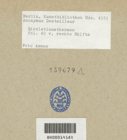 Rückseite von Kunstbibliothek [https://www.deutsche-digitale-bibliothek.de/content/lizenzen/rv-ez/] Codex Destailleur DDiocletians-Thermen: Großer Saal mit angedeuteter Wasserführung - , bh139679_recto. Foto.