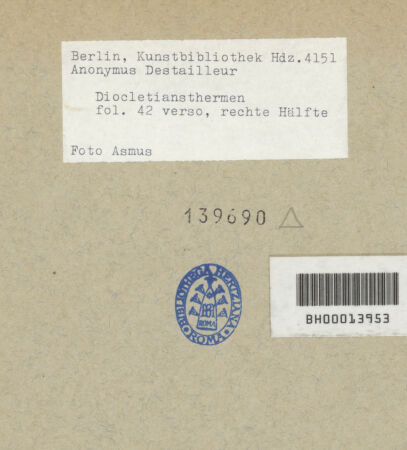 Rückseite von Kunstbibliothek [https://www.deutsche-digitale-bibliothek.de/content/lizenzen/rv-ez/] Codex Destailleur DDiocletians-Thermen: Skizze eines ionischen Kapitells und Gebälk über ionischem Pfeilerkapitell mit Maßen - , bh139690_recto. Foto.