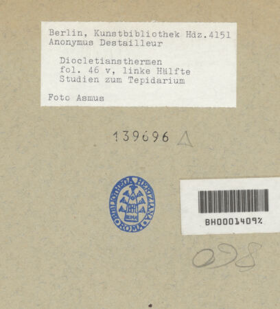 Rückseite von Kunstbibliothek [https://www.deutsche-digitale-bibliothek.de/content/lizenzen/rv-ez/] Codex Destailleur DDiocletians-Thermen: Grundriss und Skizzen zu einem überwölbten Rundraum (Tepidarium?) - , bh139696_recto. Foto.